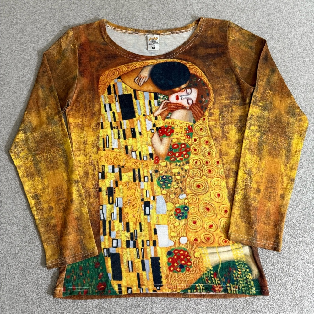 Vintage Gustav Klimt The Kiss AOP Art Long Sleeve Womens Top Size M Grunge Y2K